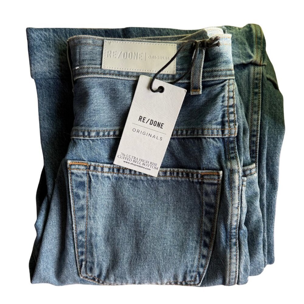 RE/DONE 70s Ultra High Rise Cuffed Bell Bottom Blue Jean Denim Womens Size 28 - Picture 3 of 9